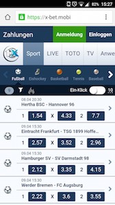 Screenshot dell'app mobile di 1xBet