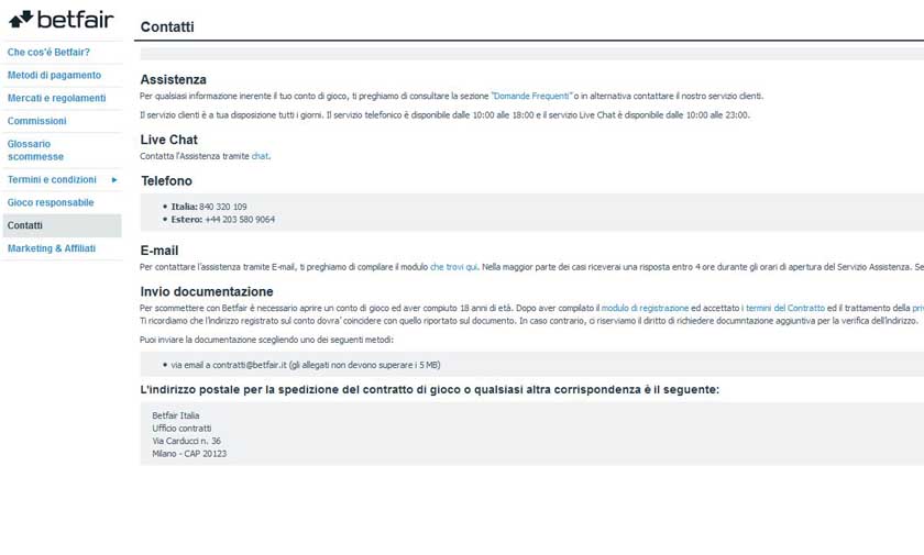 Betfair modalità di contatto