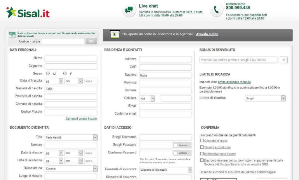 sisal modulo registrazione