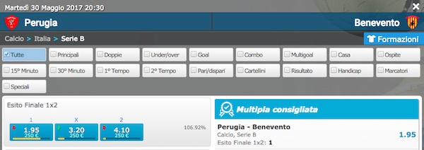 Quote Betflag per Perugia vs. Benevento del 30 maggio 2017