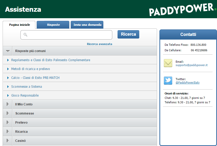 assistenza clienti paddy power