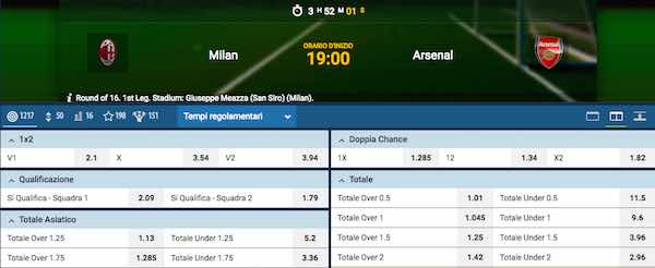 Quote 1xBet per Milan vs. Arsenal 2018