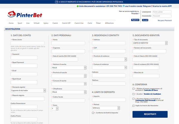 pinterbet registrazione