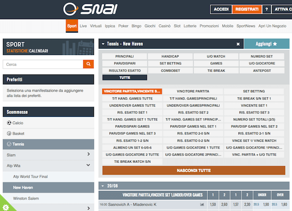 Tipologie scommesse tennis su snai