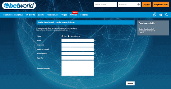 betworld contatto tramite email