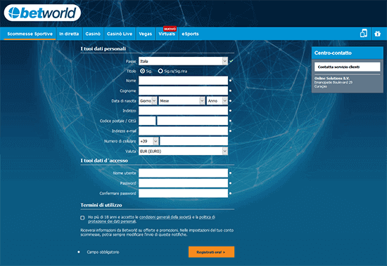 Betworld Modulo di registrazione